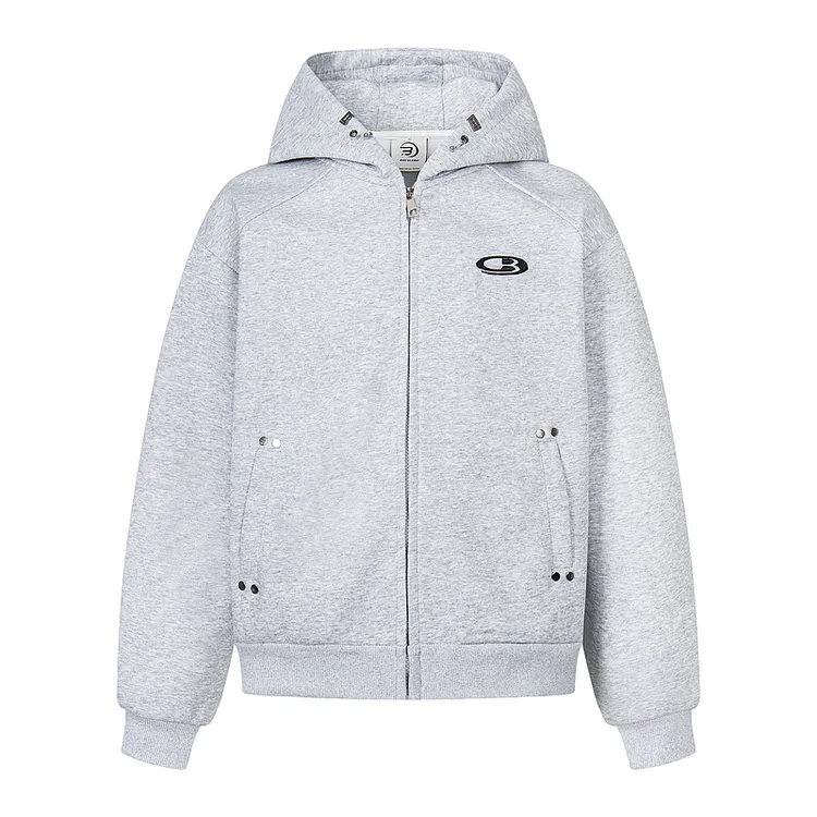 美式休闲运动宽松刺绣简约连帽卫衣欧美中性风纯色拉链开衫外套