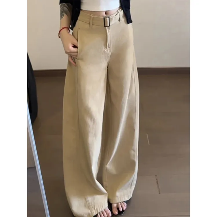 大码复古卡其色弯刀牛仔裤女春季新款高腰显瘦拖地裤休闲阔腿裤子