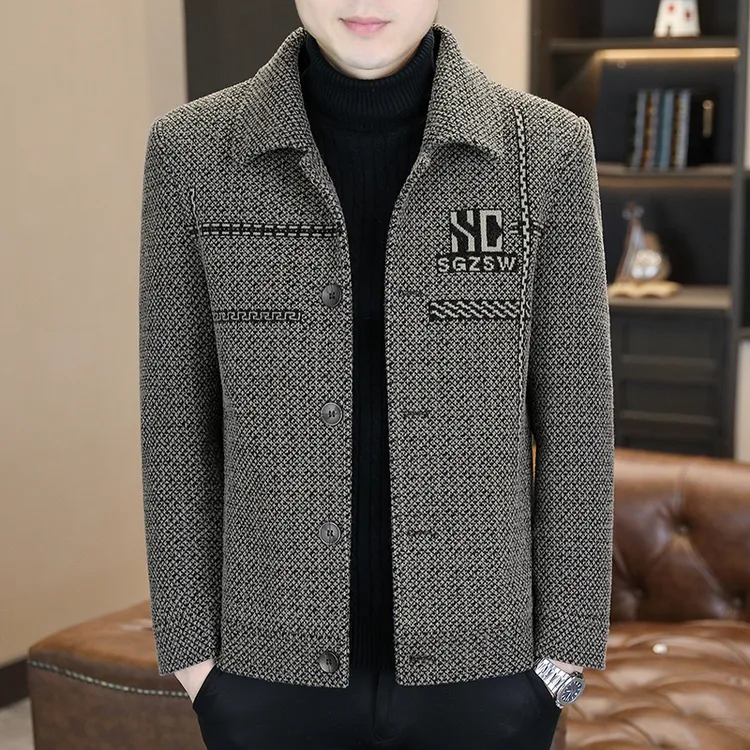 啄木鸟男士韩版休闲冬季加绒加厚翻领高端短款呢子外套毛呢子夹克