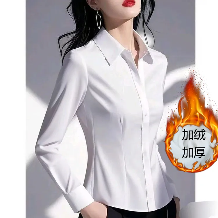 KALUOLAI/卡洛莱春秋款加绒衬衫女长袖职业装工作服免烫修身衬衣