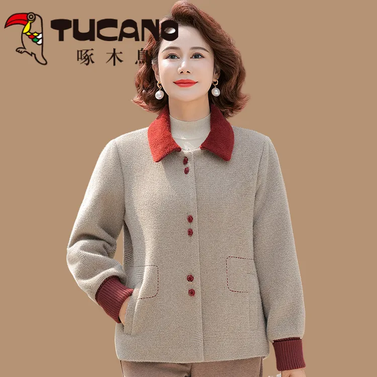 啄木鸟中年妈妈冬装外套短款水仿貂绒仿皮草上衣中老年人秋冬保暖