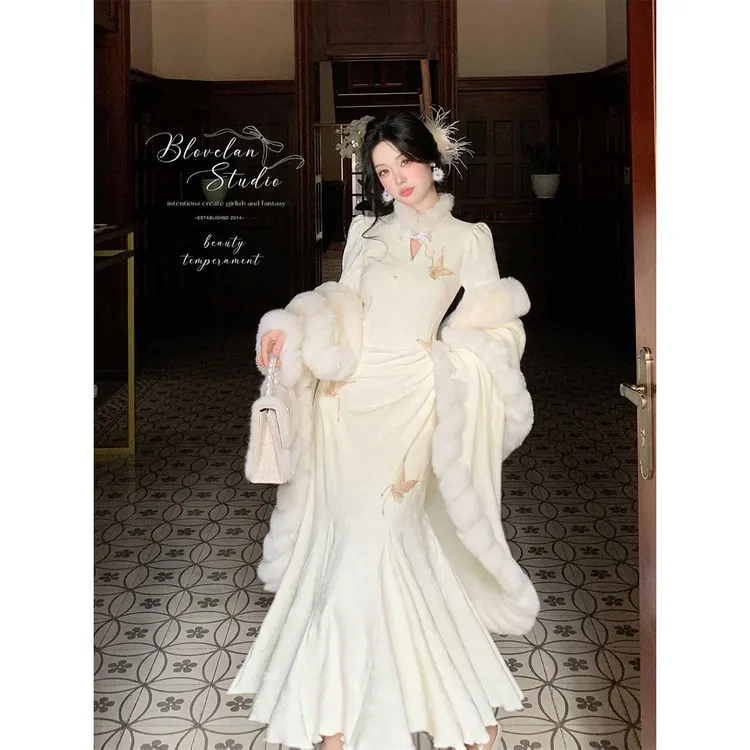 【白羽玲珑加厚加绒款】潇夫人自制新中式连衣裙气质国风鱼尾旗袍