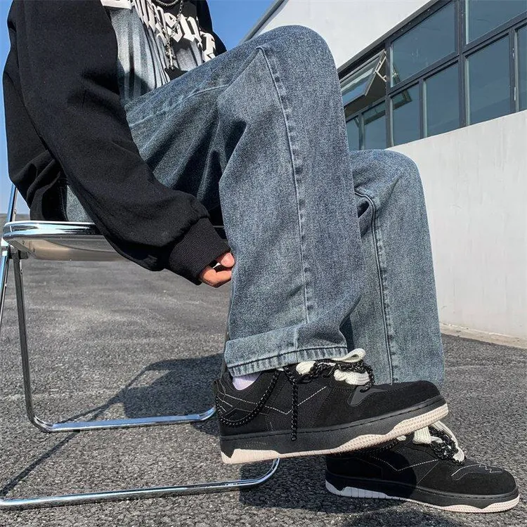 微喇黑色男裤加绒复古男美式宽松百搭裤子直筒休闲长裤