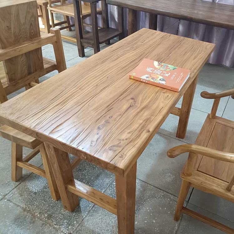 老榆木门板桌实木茶桌复古原木餐桌简约书桌阳台大板桌