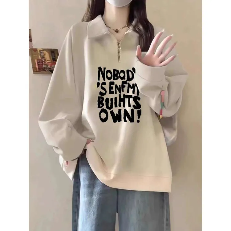 FAVMARTHA领卫衣女港风复古半拉链上衣秋冬加绒大码百搭翻领