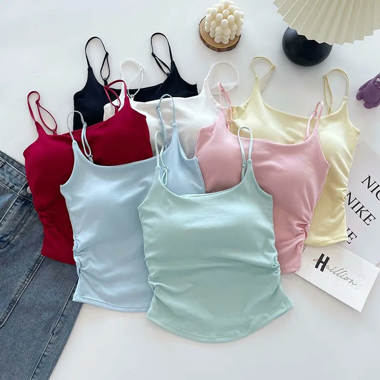 多巴胺清新背心女带胸垫一体褶皱外穿内搭修身打底纯欲少女上衣