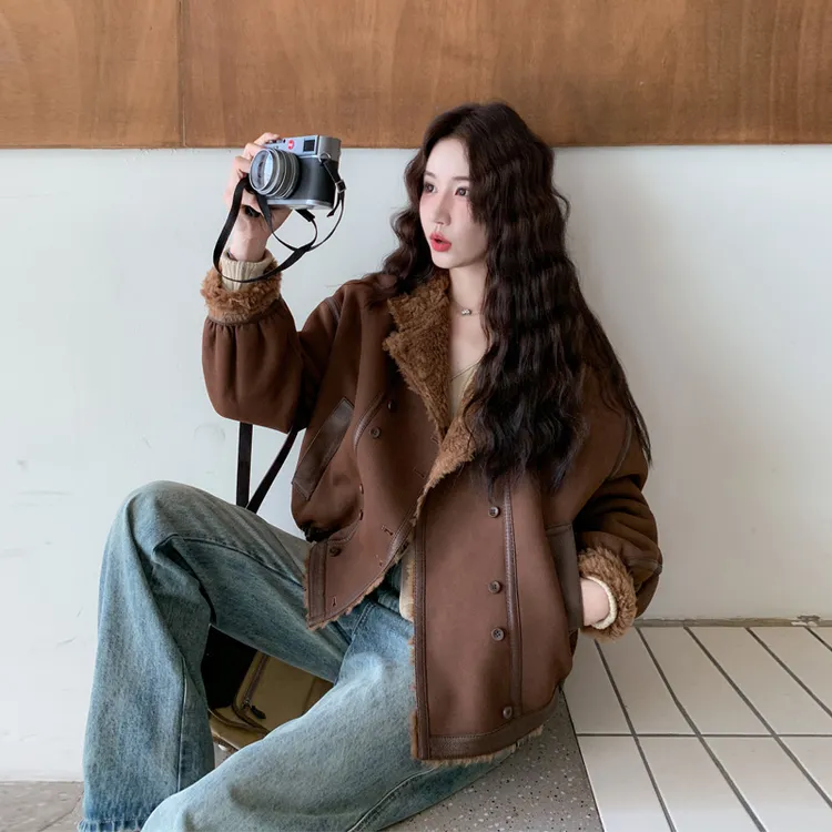 美拉德皮毛一体外套女2025冬季新款复古甜酷风韩系ins风加绒棉衣