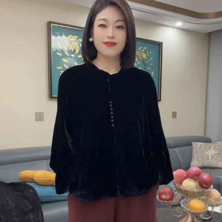 55392秋季新时尚百搭遮肉丝绒上衣