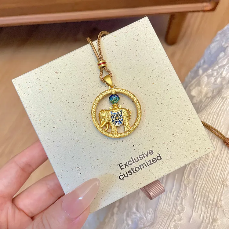 吊坠足银珐琅 「吉象环」足银999.9吉祥大象描金吊坠女金色精致项链