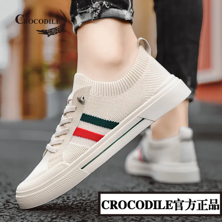 鳄鱼恤一脚蹬男鞋2025春秋透气薄款飞织帆布鞋男士夏天防滑软底休
