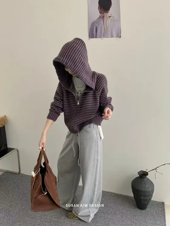 【原版加厚】条纹软糯拉链连帽毛衣短款外套女秋季宽松慵懒针织上衣