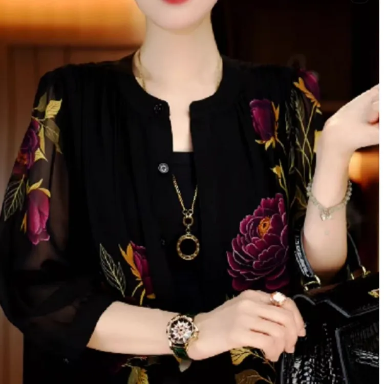 南油正品洋气印花时尚舒适夏季轻奢薄款防晒外套上衣双绉丝女装