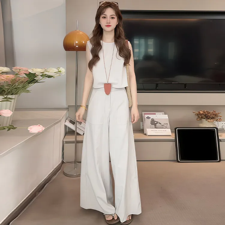 纯色气质简约无袖套装女2025年夏季新款背心上衣高腰长裤两件套潮