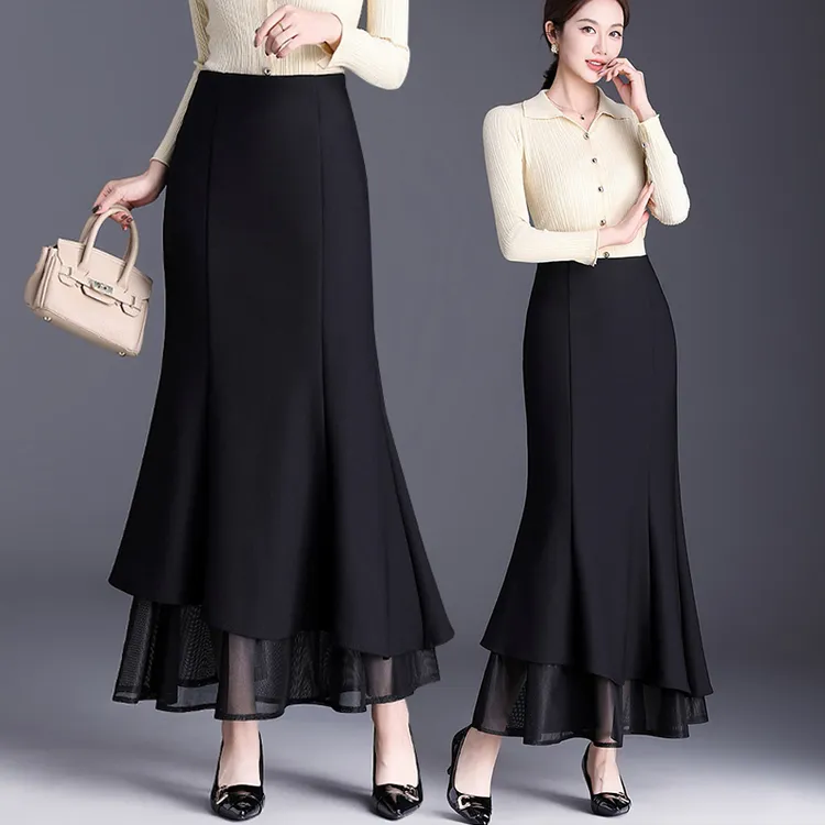 加长款半身裙女秋冬新款高腰显瘦百搭黑色包臀长裙荷叶边鱼尾裙子