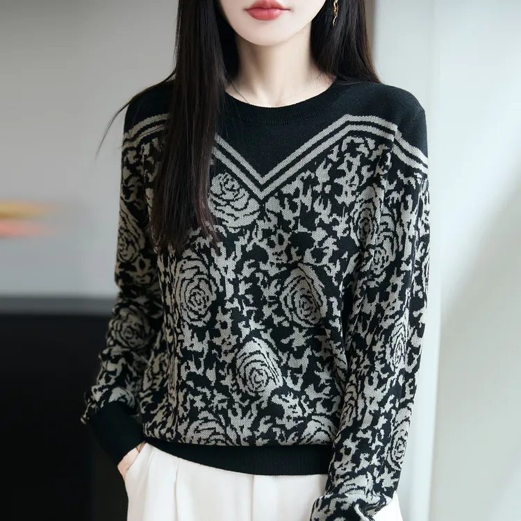 胖mm春秋大码女士印花毛衣遮肚子显瘦气质上衣早秋内搭针织打底衫