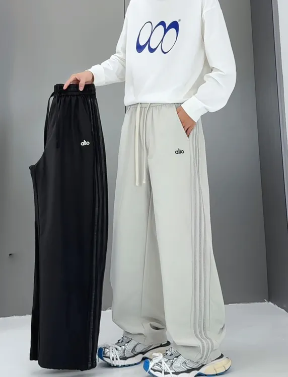 3530秋季宽松纯色条纹休闲裤立体剪裁高腰绣标直筒