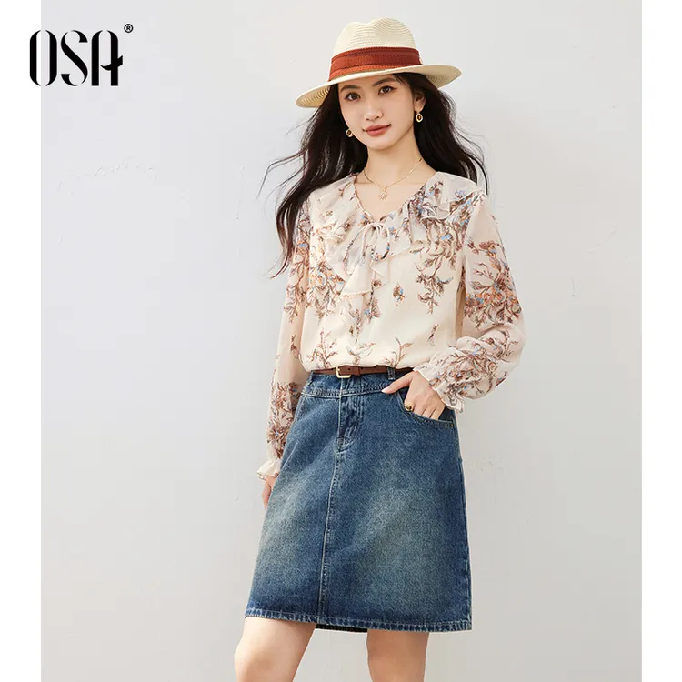 OSA/欧莎 法式V领复古印花女独特别致宽松荷叶边上衣S125C17007