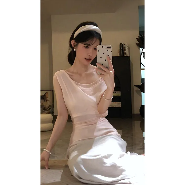 parkyeon夏季新款设计感荡领无袖露肩上衣气质高腰显瘦半身裙套装