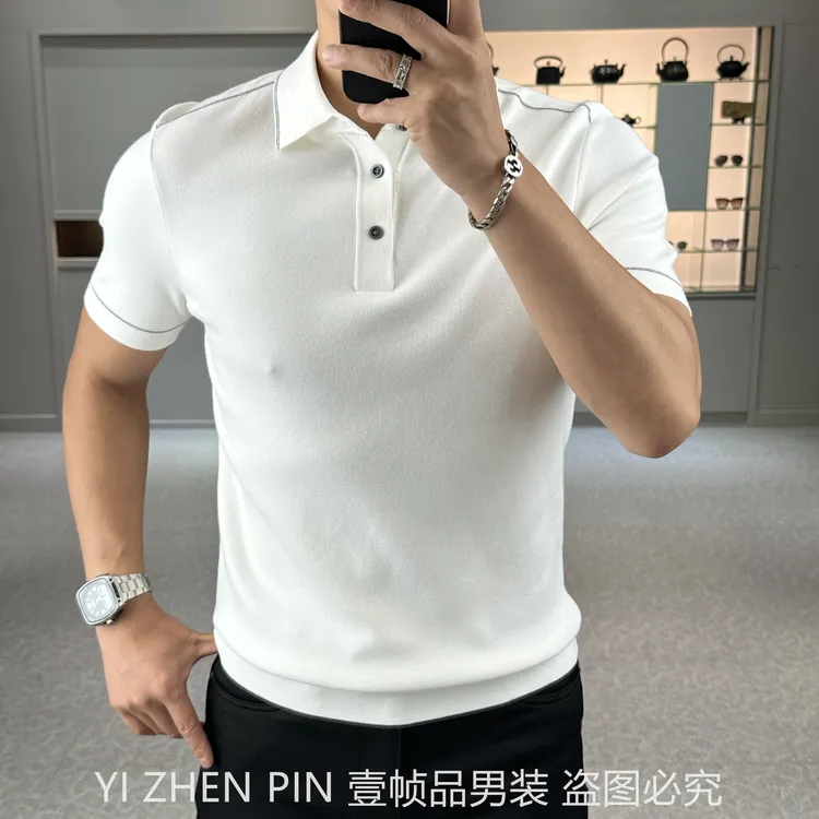 【壹帧品】轻奢极简细节线条设计高弹修身秋冬翻领男士针织POLO衫