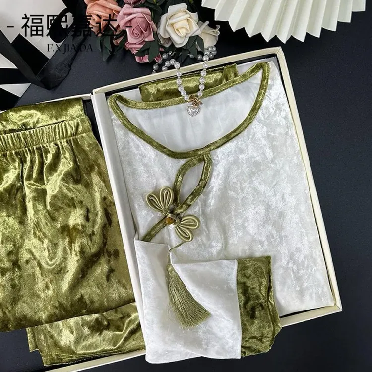 网红爆款睡衣女年轻洋气拼色新中式宽松大码国风家居服套装可外出