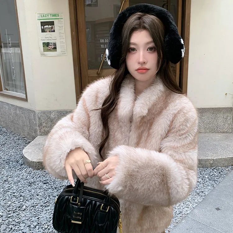 2025冬季新款晕染双色仿狐狸毛皮毛一体外套女立领环保皮草年轻款