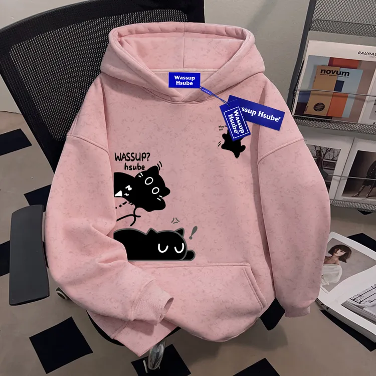 WASSUP HSUBE趣味潮流小猫蜡染情侣卫衣重磅美式慵懒连帽宽松上衣