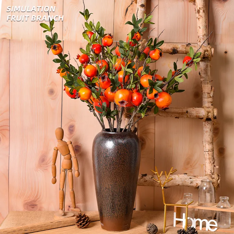 仿真花石榴果装饰花摆件客厅餐桌玄关柿子果实假花树枝如意插花束