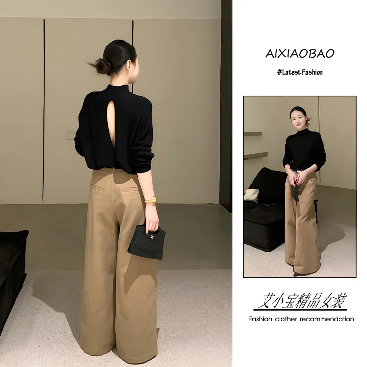 秋季2025年新款女装韩系穿搭老钱风气质露背针织上衣阔腿裤两件套