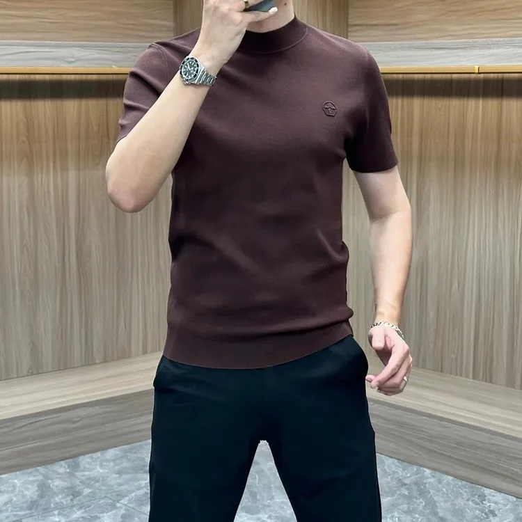 春秋男士毛衣打底针织衫简约纯色高品质商务潮流圆领短袖毛衣修身