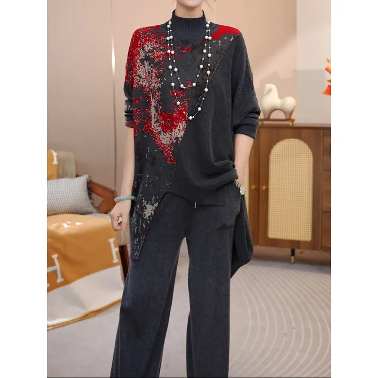 高级感洋气减龄休闲针织裤套装2026春新立体裁剪显瘦遮肉上衣长裤