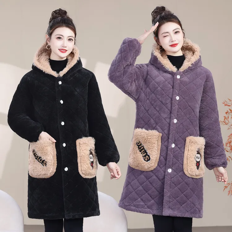 中长款女士长袖厚款棉服秋冬季冬天加绒保暖棉衣连帽睡衣大码加厚