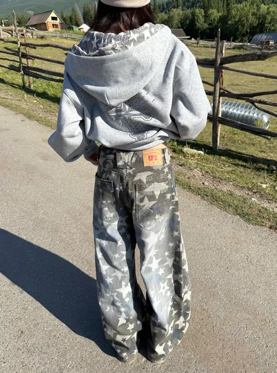 AMER 国潮美式复古水洗做旧星星花纹满印宽松迷彩弯刀休闲裤