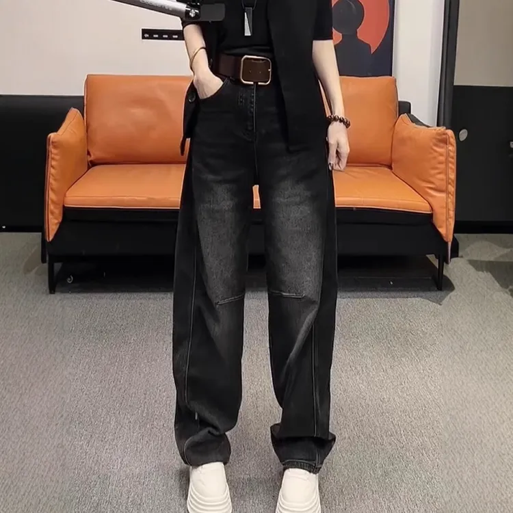 2025春季新款洋气弹力显瘦阔腿裤子大码女装复古百搭直筒牛仔裤女