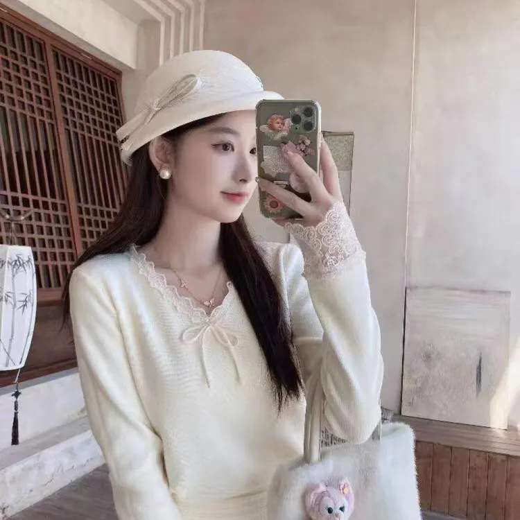 【现货运费险】法式蕾丝拼接V领针织衫女2025秋冬内搭打底衫高级感