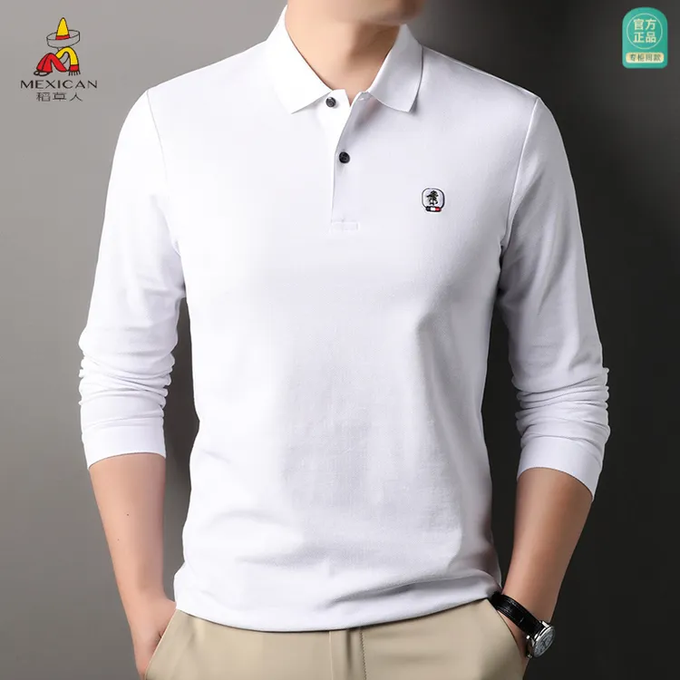 稻草人春秋季纯棉高档长袖t恤男士中年翻领简约休闲薄款刺绣体恤