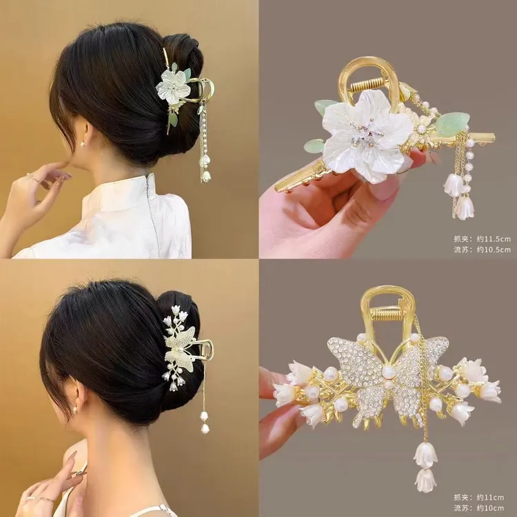 古风山茶花蝴蝶流苏抓夹2025新款轻奢发夹女款2025新款网红爆款