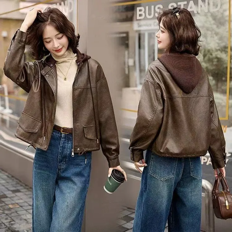  加绒加厚保暖皮衣外套女冬季新款小个子宽松洋气短款皮夹克上衣