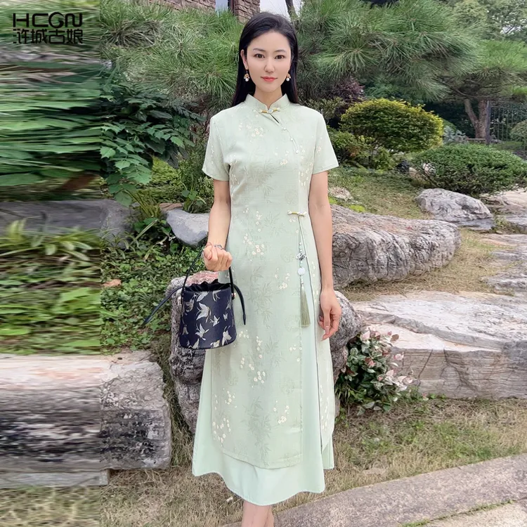 浒城古娘中式国风旗袍连衣裙女夏气质立领修身大气长裙WH0500528