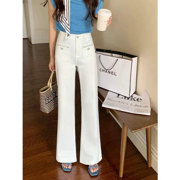 小个子高腰法式小香风休闲牛仔裤女白色显瘦阔腿直筒微喇牛仔裤女