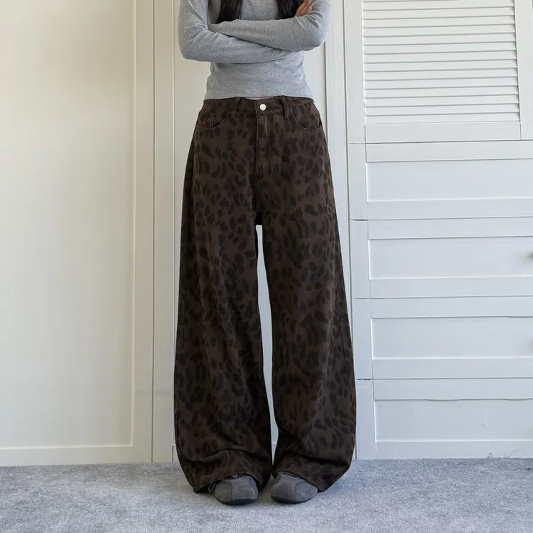 YANGKE美式复古水洗做旧豹纹牛仔裤秋季宽松直筒ins潮流休闲长裤