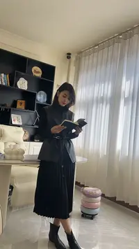 李园家1号店-58001-带腰带皮马甲+长袖连衣裙套装
