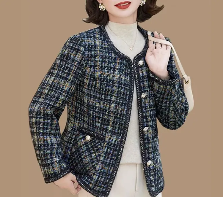 秋季新款洋气百搭气质小香风中老年女装格子短款外套妈妈装 103