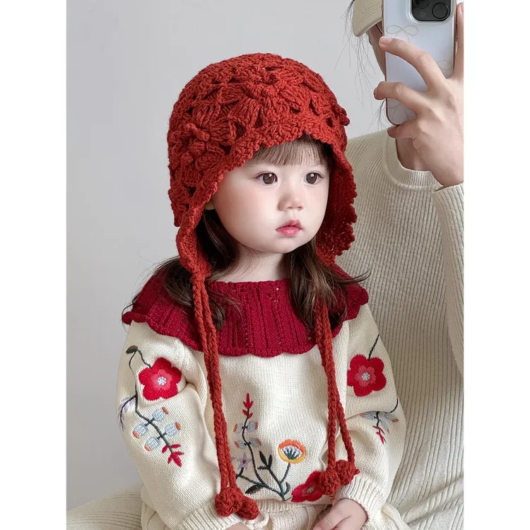 儿童帽子冬天毛线帽韩版洋气手工编织帽宝宝加厚保暖护耳帽防风帽