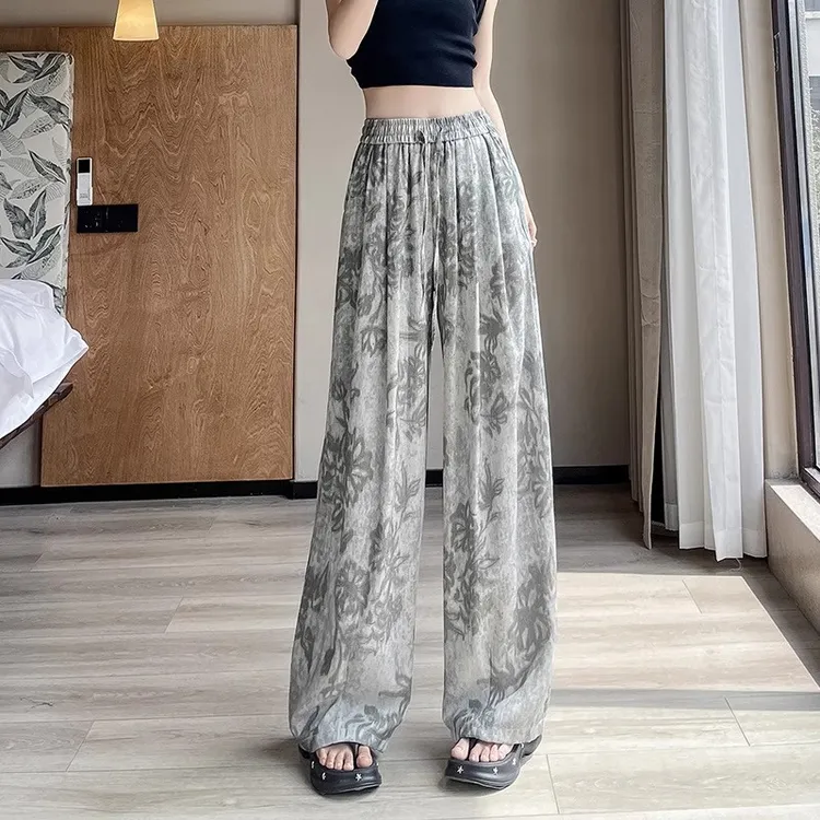 2025新款宽松阔腿裤扎染运动夏季休闲裤高腰拖地裤薄款印花复古风