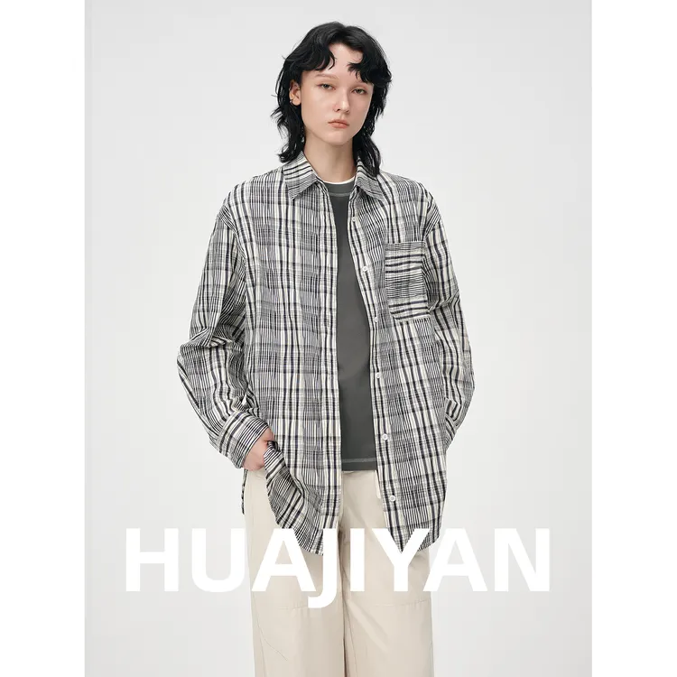华吉言/HUAJIYAN【铅笔格】棉氨混纺弧形下摆格子衬衫