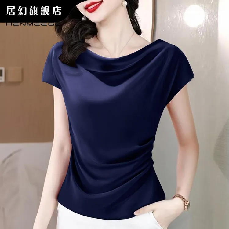 居幻缎面堆堆领短袖t恤女夏季2025年新款高级感时尚小衫收腰上衣