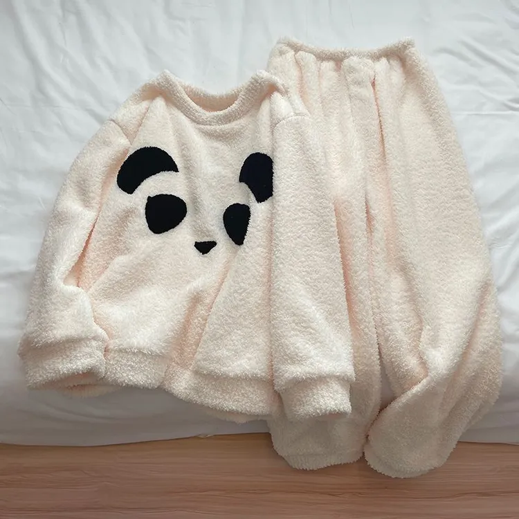 『鲜奶熊猫』日系卡通半边绒睡衣女冬季加厚加绒可外穿家居服套装