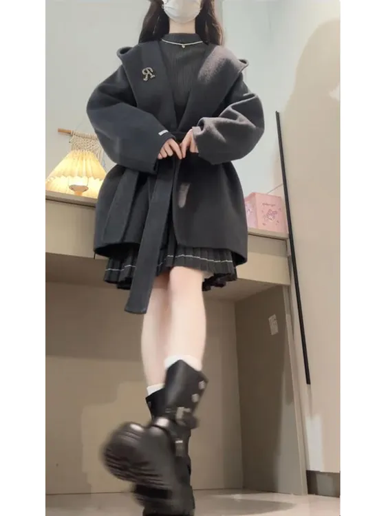 韩系格雷系穿搭套装女秋冬立领打底衫A字半身裙呢子外套三件套装