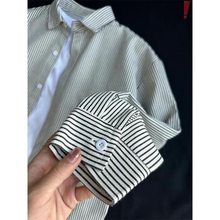 衬衫男休闲黑白长袖复古日系2025条纹春季新款百搭开衫上衣宽松