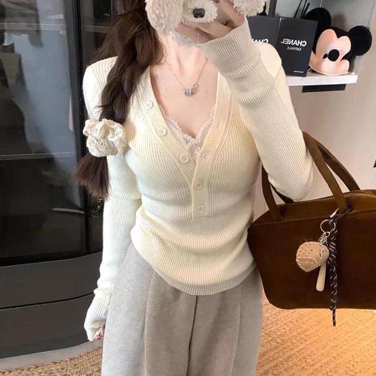 【9145】大码女装胖mm纽扣V领长袖针织衫秋装修身显瘦毛衣套头上衣